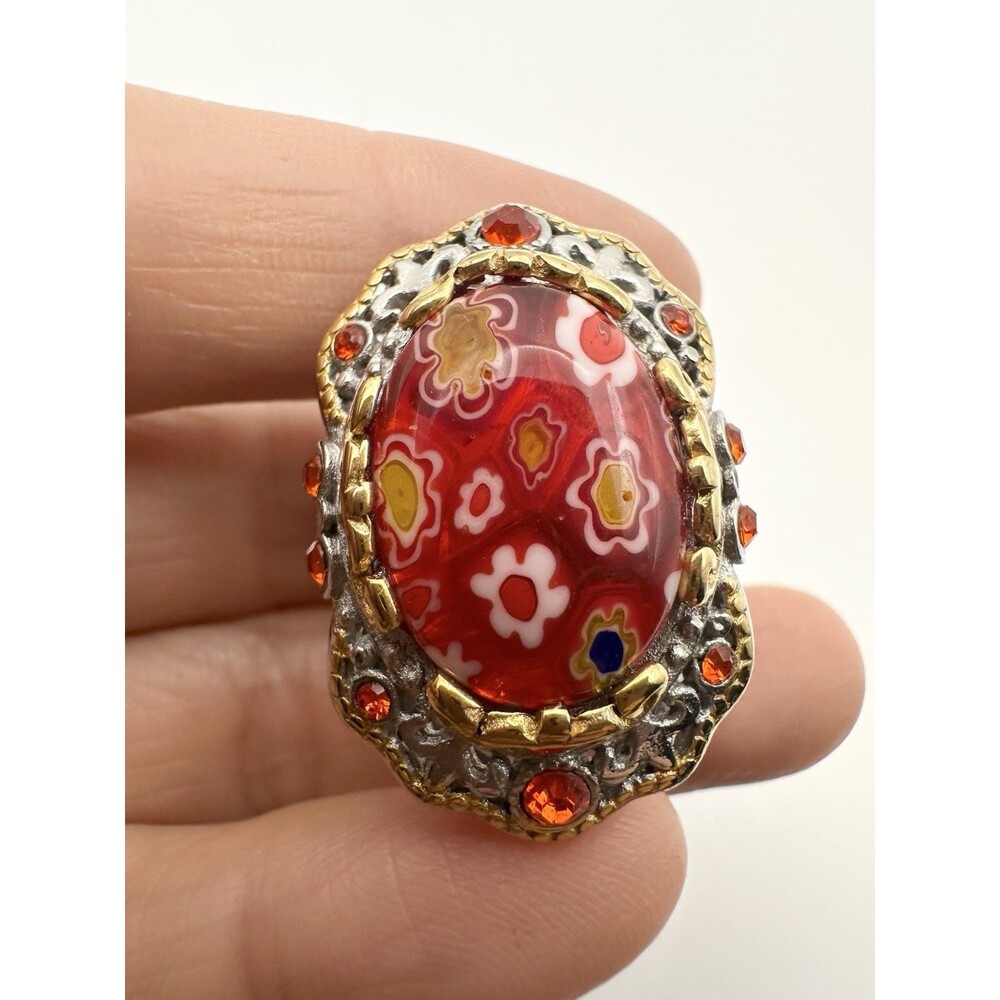 Stainless Steel Gold Two Tone Art Glass Cocktail Ring Size 7.5